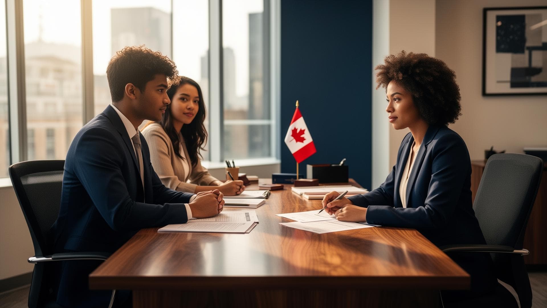 An immigration consultant meets with clients at a Canadian law firm